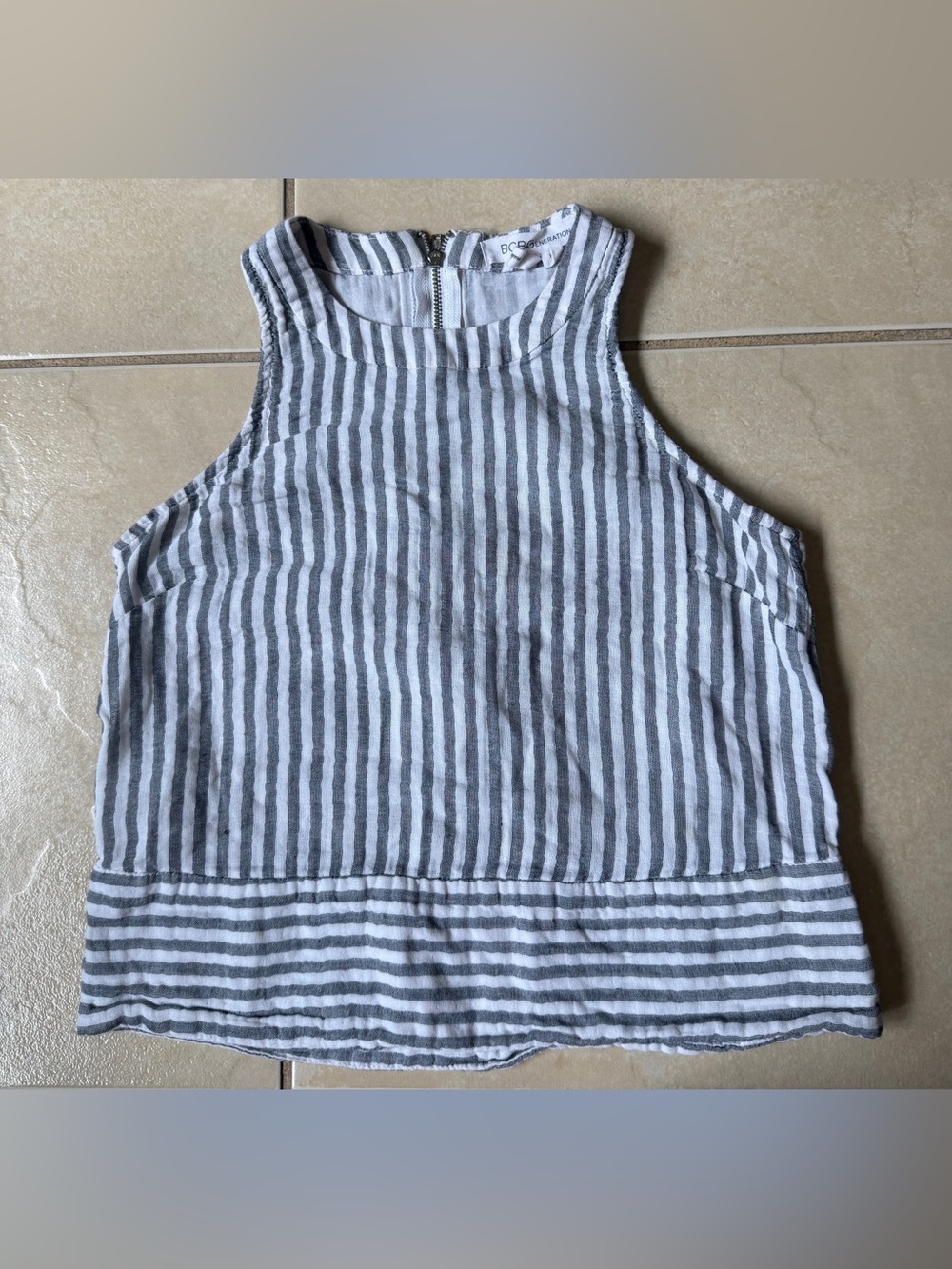 BCBGeneration Women's Halter Neck Striped Top Gray White Cotton Sz XS